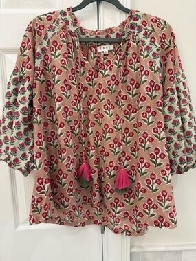 THML Dusty Pink Floral Peasant Top with Tassel Ties